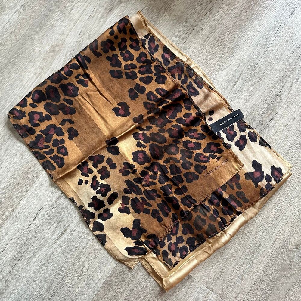 JONES NEW YORK 100% Silk Scarf Leopard Print Gold Stripe